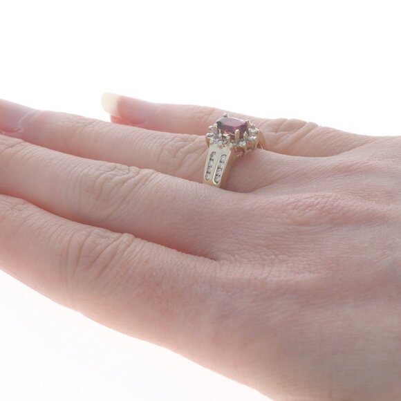 Yellow Gold Rhodolite Garnet & Diamond Halo Ring - 14k Oval 1.30ctw Floral - Picture 4 of 6